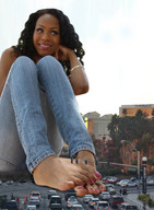 giantess collage feet black_hair long_hair destruction barefoot traffic unknown_artist sitting pink_nails vehicles dark_skin crowds