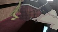 drawing blonde color long_hair skirt sitting shrunken_woman bench