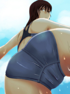 long_hair swimsuit wet brunette tight looking_down point_of_view looking_back looking_at_viewer