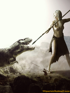 giantess collage blonde long_hair barefoot topless dinosaur shrunken_men beast lilipucien