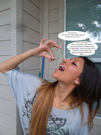 collage long_hair handheld brunette shrunken_woman open_mouth dangle dialogue lilleoproductions gullet76