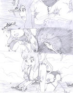 tail comic monochrome swimsuit cleavage ocean helicopter underboob bending_over explosion reaching looking_down pencil_drawing navy giantesss ships mouse_girl hank88 navy_ship