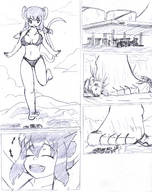 tail comic monochrome swimsuit destruction barefoot buildings foot_crush looking_down pencil_drawing giantesss mouse_girl hank88