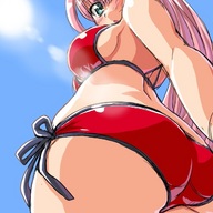 drawing color long_hair swimsuit green_eyes pink_hair looking_down point_of_view looking_back