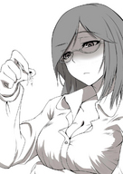 drawing monochrome handheld cleavage glasses medium_length_hair shrunken_man mejiro buttoned_shirt