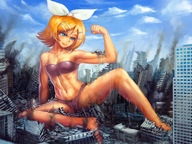 drawing giantess city blonde color destruction blue_eyes barefoot ribbon posing yilx vocaloid sitting muscles smoke two_piece rin_kagamine