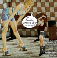 blonde high_heels brunette boots shorts shrunken_woman looking_down bending_forward digital_render