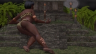 giantess nude feet black_hair barefoot lying_down dark_skin restrained sacrifice temple leopard_print drcreep looking_at_tiny digital_render