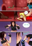 drawing blonde comic color long_hair cleavage skirt blue_hair brunette gloves boots shrunken_woman looking_down between_fingers karsinan