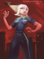 breasts drawing giantess white_hair city mega color blue_eyes buildings helicopter ginormica short_hair monsters_vs_aliens belt jumpsuit spotlight susan_murphy dreamworks steve_millers