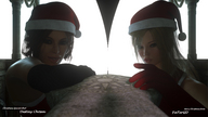 giantess blonde multiple_giantesses brunette christmas gloves giantesses santa_costume looking_at_viewer digital_render fater santa_hats