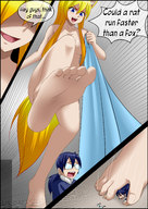 drawing crush nude blonde color long_hair blue_eyes cat_ears foot_crush shrunken_woman cat_girl raised_foot dialogue