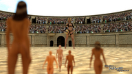 giantess nude blonde black_hair large_breasts barefoot cleavage giantesses crowds gladiator arena digital_render fater