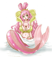 drawing size_difference color long_hair cleavage green_eyes huge_breasts mermaid pink_hair chikaburo between_breasts