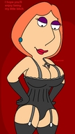 breasts drawing cleavage smiling red_hair unknown_artist shrunken_men lingerie shrunken_man looking_down family_guy garters thighs captions milf thigh_highs earrings dialogue hands_on_hips lois_griffin source_needed makeup looking_at_tiny coolguy123super between_breasts