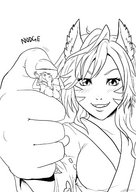 drawing giantess monochrome handheld playful cruel jitensha looking_at_tiny miqote nudge final_fantasy_xiv elezen