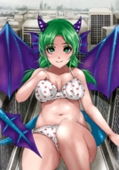 drawing giantess panties dragoness horns tail wings city dragon color swimsuit cleavage bra buildings anime green_eyes underwear smiling camel_toe green_hair lying_down sitting navel pigtails belly thighs outdoors dragon_girl leaning_back nonoririn lord-laret amethese