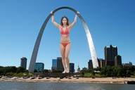 breasts giantess collage mega swimsuit barefoot buildings brunette wonderslug arch sky looking_at_viewer waterfront monument leilani_dowding