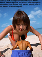 collage black_hair swimsuit beach cleavage smiling story asian unknown_artist shrunken_men crawling shrunken_man thighs captions source_needed looking_at_victim shrinking_serum
