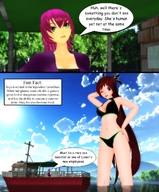 giantess long_hair swimsuit green_eyes purple_hair red_eyes red_hair hand looking_down lake boats sky dialogue digital_render desu-of-hakurei