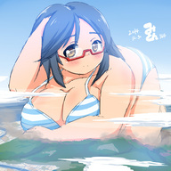 drawing giantess blushing giga color destruction barefoot cleavage glasses blue_hair bbw crawling voluptuous looking_at_viewer striped_underwear みとん miton