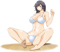 drawing black_hair color swimsuit barefoot brown_eyes shrunken_men sitting shrunken_man under_foot bikuta