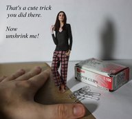 collage giant male barefoot brunette hand table shrunken_woman dialogue source_needed paperclips looking_at_tiny