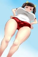 drawing color futanari penis brunette low_angle brown_eyes unknown_artist pigtails legs looking_down point_of_view looking_at_viewer