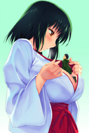 drawing gentle blushing black_hair color cleavage teston brown_eyes shrunken_men shrunken_man looking_down shrine_maiden between_breasts