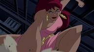 breasts giantess mega destruction blue_eyes cleavage low_angle giganta red_hair ponytail cruel fist earrings belt super_villain dc_comics