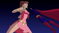 breasts drawing giantess mega color blue_eyes giganta red_hair ponytail dress cartoon fist superman cape earrings belt super_villain dc_comics bare_legs
