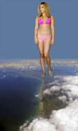 giantess collage landscape mega blonde long_hair swimsuit beach ocean standing clouds flip_flops joe117