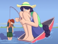 drawing color long_hair purple_hair chibibiscuit mini_giantess fishing boats hat braid