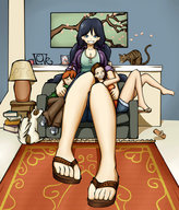drawing gentle giantess color long_hair blue_hair chibibiscuit flip_flops looking_at_viewer