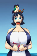 drawing giantess shark color blue_eyes water blue_hair short_hair mini_giantess boats holding_shark