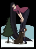drawing gentle giantess black_hair color long_hair glasses chibibiscuit tree boots bending_forward