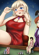 drawing giantess blonde color long_hair blue_eyes handheld casino poker_chips etz looking_at_tiny