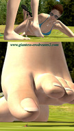 feet swimsuit barefoot glasses brunette lying_down preview shrunken_person ilayhu flip_flops raised_foot imminent_crush blue_nails looking_at_tiny digital_render