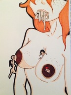 drawing nude vore color red_hair shrunken_people body_exploration on_nipple orange_hair legs_sticking_out xolittleonexo between_breasts hanging_fron_nipple