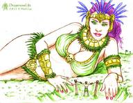 drawing giantess blue_eyes cleavage purple_hair lying_down navel dragonesslife belly thighs manicure source_needed looking_at_tiny mark_lee