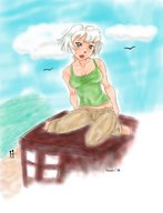 giantess white_hair blue_eyes beach barefoot cleavage sitting navel belly looking_at_viewer ryuubii
