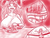 drawing micro monochrome huge_breasts fork unaware shrunken_woman food bunny_girl zoom imminent_vore oc twisted_persona pasta meatballs