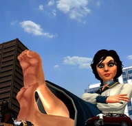 giantess city black_hair toes barefoot soles sitting vehicle_crush arms_crossed elizabeth bioshock_infinite looking_at_tiny bioshock digital_render carcrushlover