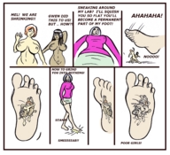 drawing crush color barefoot shrunken foot_crush shrunken_woman raised_foot dialogue stuck_to_foot