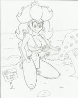 breasts drawing monochrome swimsuit handheld toes barefoot cleavage climbing kneeling navel belly yoshi looking_down thighs body source_needed imminent_vore chewing looking_at_tiny idooodlestuff