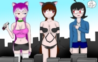 drawing giantess city black_hair color long_hair handheld cleavage glasses purple_hair red_eyes brunette gloves giantesses vehicles joethevenezuelan pointed_ears saya mickey