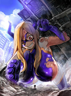 breasts drawing gentle giantess horns city blonde color cleavage anime red_eyes huge_breasts blood superhero smiling crawling rubble looking_down mask smoke savior looking_at_tiny my_hero_academia mt._lady