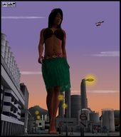 breasts giantess city mega barefoot bra buildings helicopter walking people night native digital_render grass_skirt flower_in_hair