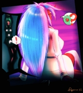 drawing color glasses butt_crush blue_hair sitting demoness unaware shrunken_woman panty_and_stocking_with_garterbelt apeiron-macro kneesocks_(panty_and_stocking) scanty_(panty_and_stocking)
