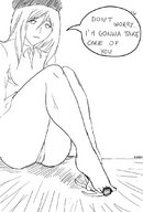 drawing giantess monochrome barefoot pantyshot sitting trample looking_down english pinned hat higurashi_no_naku_koro_ni looking_at_tiny takano jerwan